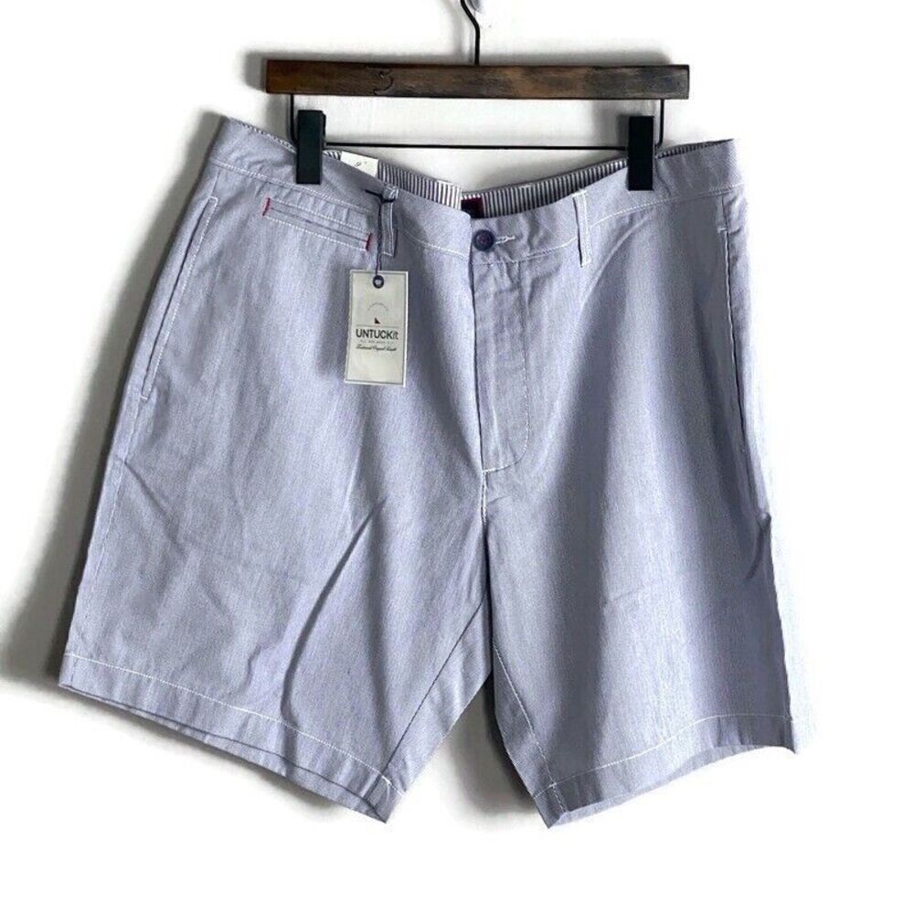 UNTUCKIT Mens Blue and White St Clement Shorts Size 40 Nautical NWT Flat Front